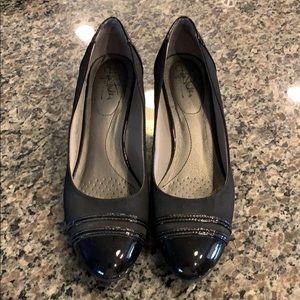 Black Material and Patent Wedge heeled slip on